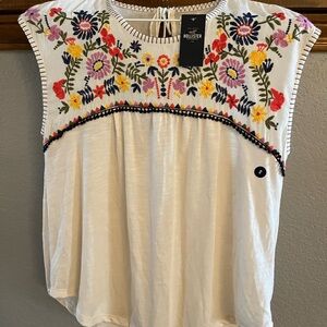 Hollister Cream Embroidered Cap Sleeve Blouse